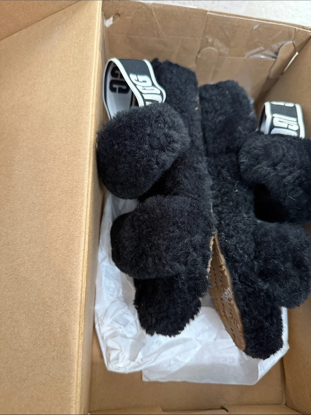 UGG Kids Black Fluff Slide Sandals with Logo Strap